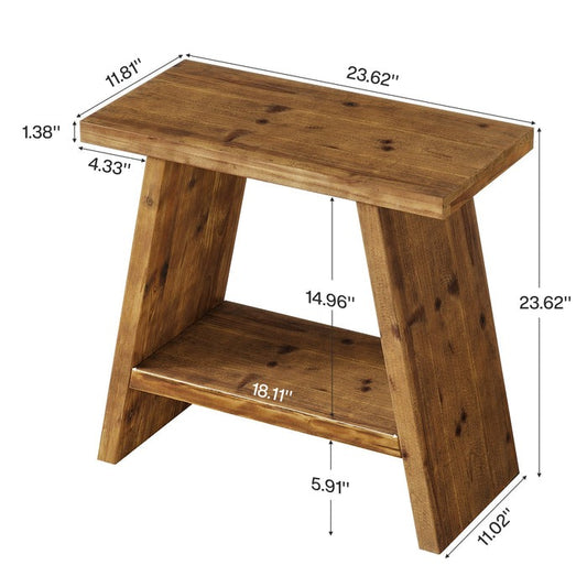 Solid Wood Small Side Table with 2-Tier Storage