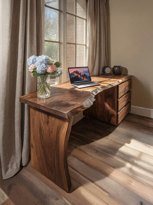 Modern Live Edge Desk With Storage Drawers For Study Room