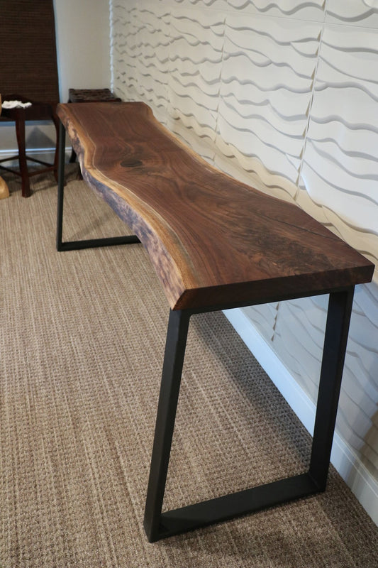 Narrow Live Edge Sheesham Bar Table with Metal Base – Slim Solid Wood Bar Counter / High Table