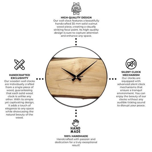 Handcrafted Live Edge Wood Wall Clock, Modern Minimalist Decor