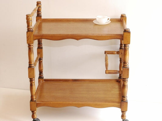 Vintage French Wood Bar Cart – Rolling Serving Trolley & Side Table