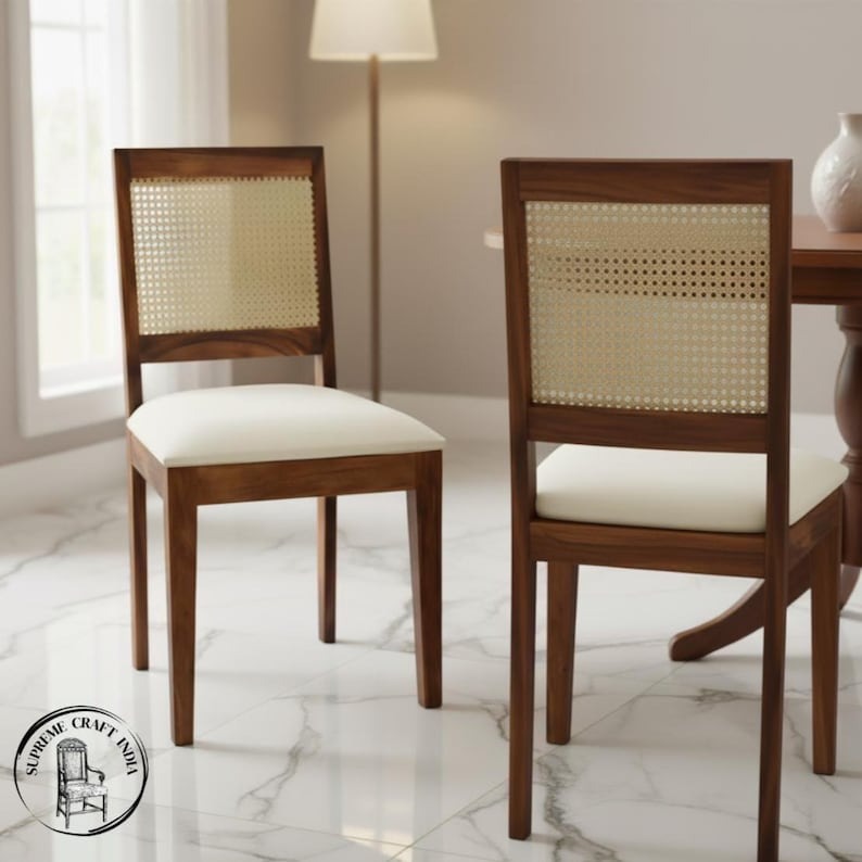 Handcrafted Solid Wood Dining Chairs with Cane Backrest