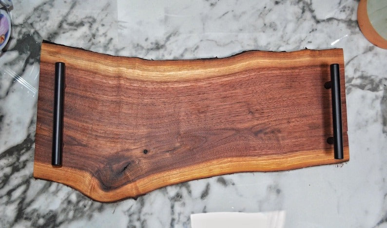 Handmade Black Sheesham Live Edge Serving Tray with Metal Handles – Rustic Solid Wood Platter