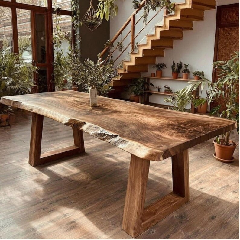 Custom Farmhouse Dining Table – Solid Sheesham Slab – Handmade Rustic Kitchen Table – Live Edge Furniture
