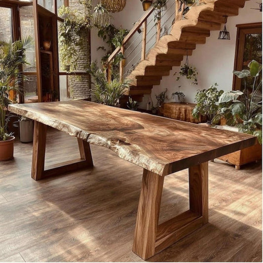 Custom Farmhouse Dining Table – Solid Sheesham Slab – Handmade Rustic Kitchen Table – Live Edge Furniture