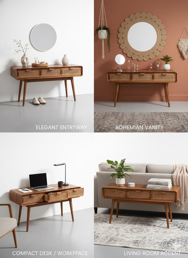 Mid-Century Cane Console Table