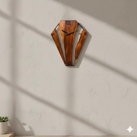 Live Edge Wood Wall Clock – Geometric Sheesham Wood, Rustic Home Decor