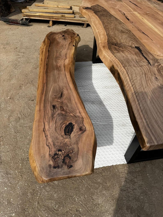 Live Edge Sheesham Dining Table with Matching Bench, Solid Wood Slab Kitchen Table Set