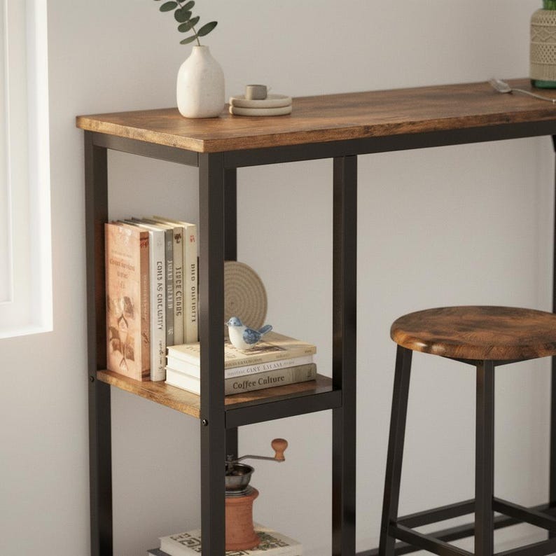 Industrial Bar Table Set with Stools Rustic Wood Finish Metal Frame Storage