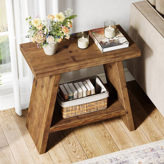 Solid Wood Small Side Table with 2-Tier Storage