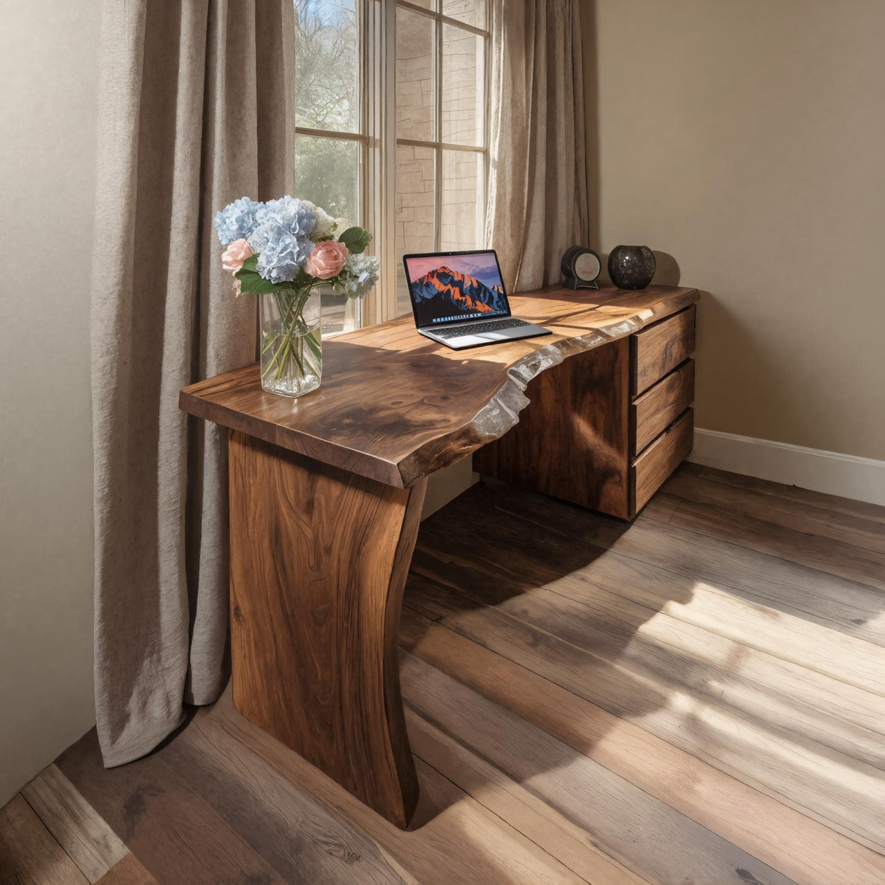 Modern Live Edge Desk With Storage Drawers For Study Room