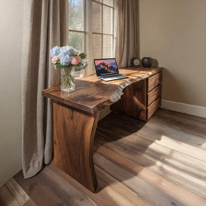 Modern Live Edge Desk With Storage Drawers For Study Room