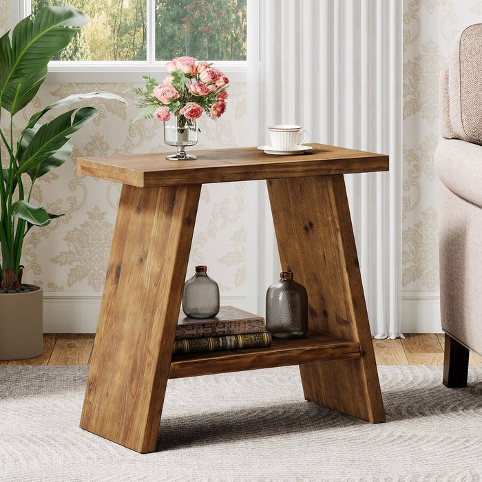 Solid Wood Small Side Table with 2-Tier Storage