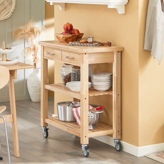 Andwele Wood Kitchen Bar Cart with Wheels – Rustic Mobile Serving & Storage Trolley