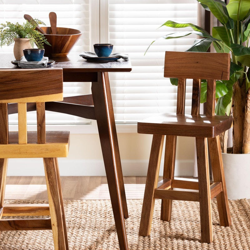 Handcrafted Solid Wood Stool With Backrest, Rustic Modern Seating For Kitchen Island Or Dining Area