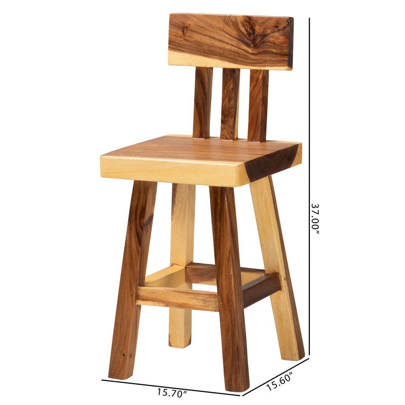 Handcrafted Solid Wood Stool With Backrest, Rustic Modern Seating For Kitchen Island Or Dining Area