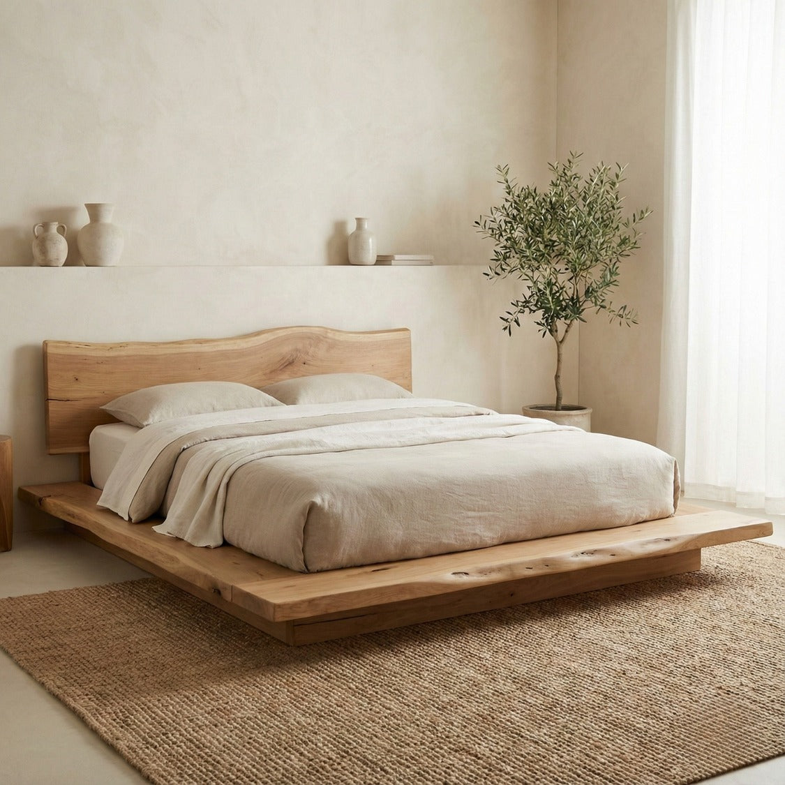 Handcrafted Solid Wood Bed with Natural Live-Edge Headboard