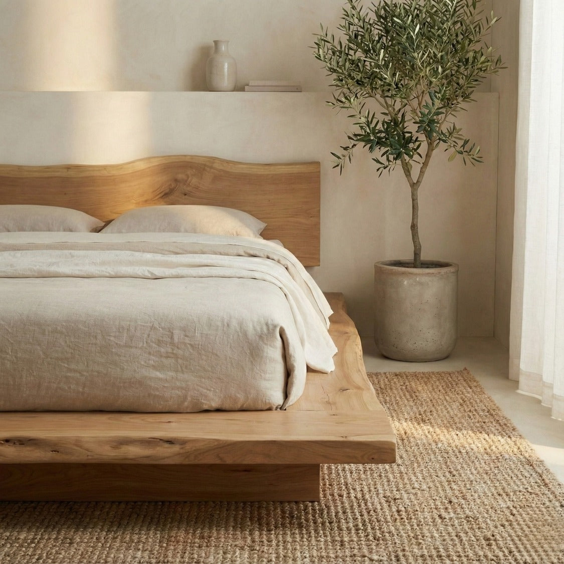 Handcrafted Solid Wood Bed with Natural Live-Edge Headboard