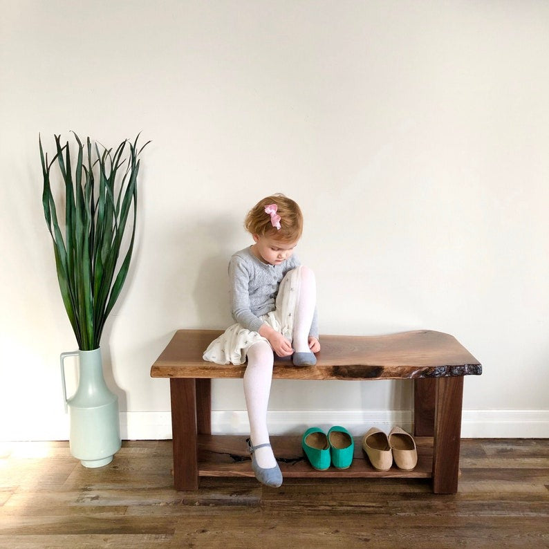 Live Edge Sheesham Wood Entryway Bench with Shoe Storage – Handmade Solid Wood Hall Bench, Rustic Modern Furniture