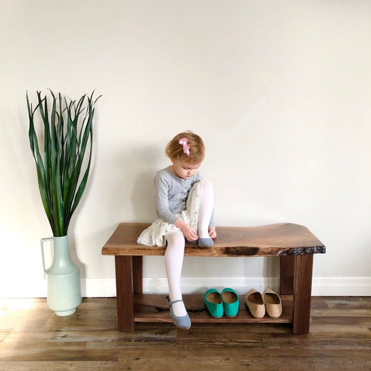 Live Edge Sheesham Wood Entryway Bench with Shoe Storage – Handmade Solid Wood Hall Bench, Rustic Modern Furniture