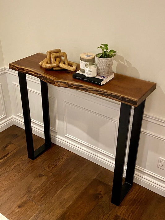 Live Edge Black Sheesham Wood Sofa Console Table – Handmade Solid Wood Bar Table, Rustic Modern Furniture