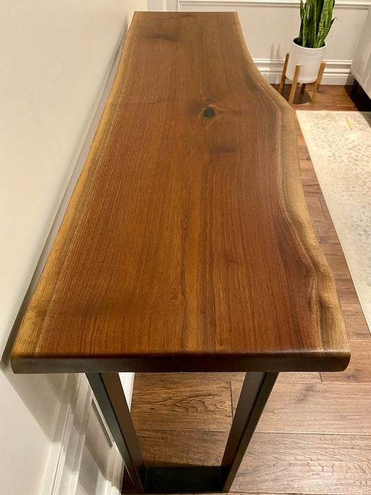 Live Edge Black Sheesham Wood Sofa Console Table – Handmade Solid Wood Bar Table, Rustic Modern Furniture