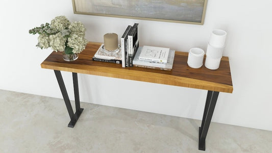 Live Edge Sheesham Wood Console Table – Solid Wood & Metal Entryway Table, Rustic Modern Hall Furniture