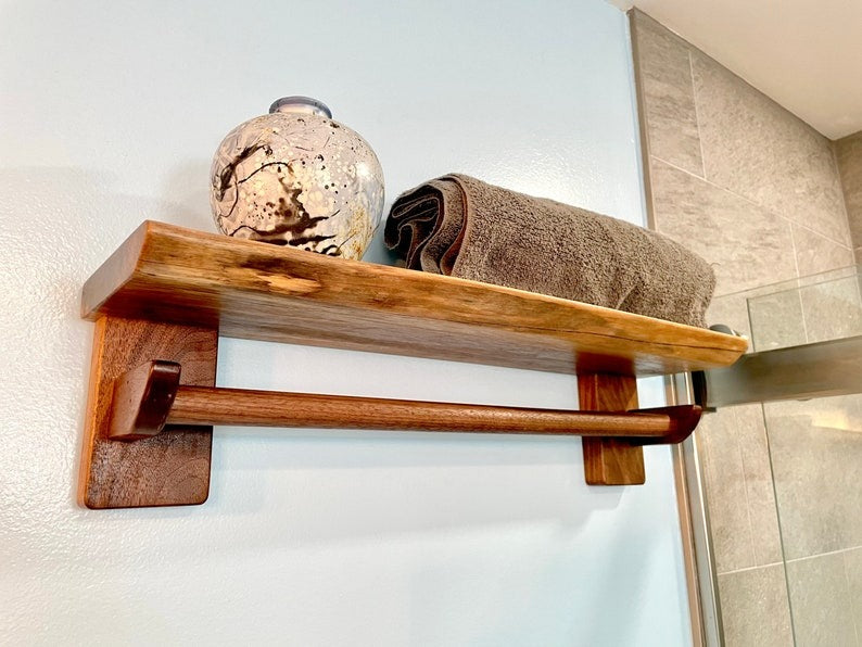 Live Edge Towel Rack – Solid Wood Towel Holder & Floating Shelf | Rustic Sheesham Wall Shelf