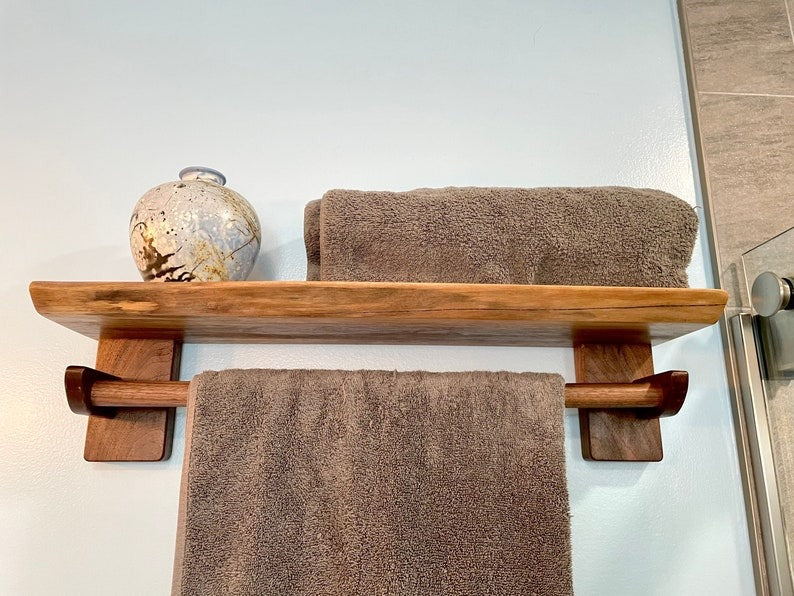 Live Edge Towel Rack – Solid Wood Towel Holder & Floating Shelf | Rustic Sheesham Wall Shelf