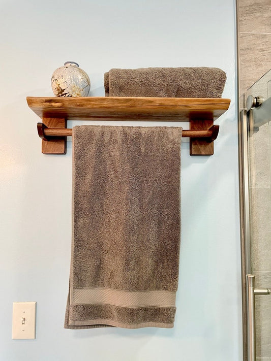 Live Edge Towel Rack – Solid Wood Towel Holder & Floating Shelf | Rustic Sheesham Wall Shelf