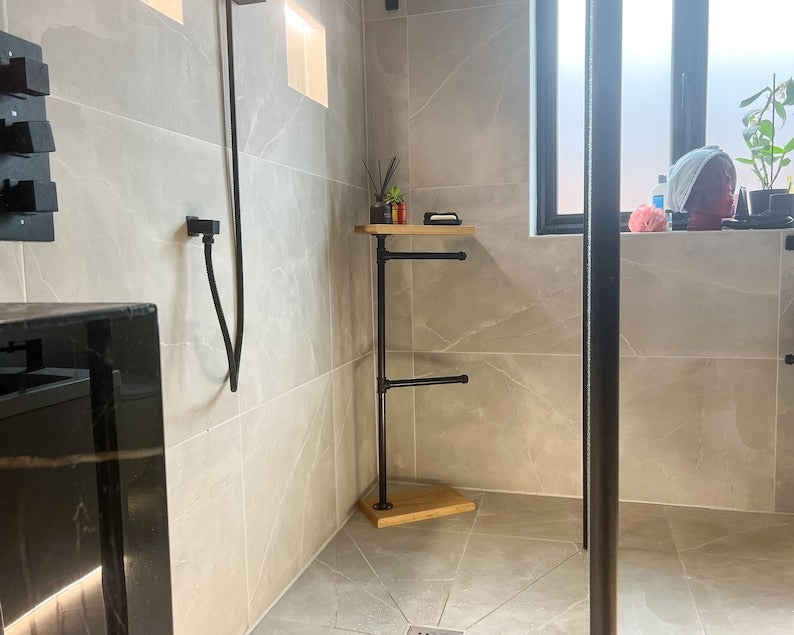 Industrial Pipe Style Dual Towel Holder with Wooden Base and Shelf