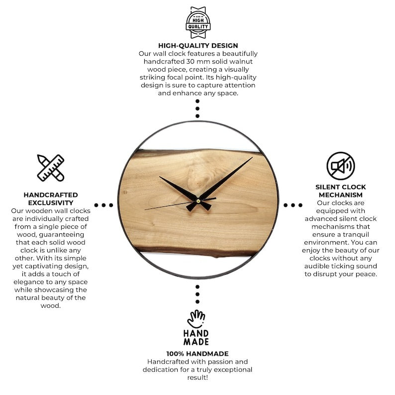 Handcrafted Live Edge Wood Wall Clock, Modern Minimalist Decor