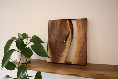 Live Edge Wood + Metal Clock Rustic Modern Minimalist Decor, Housewarming Wedding Gift