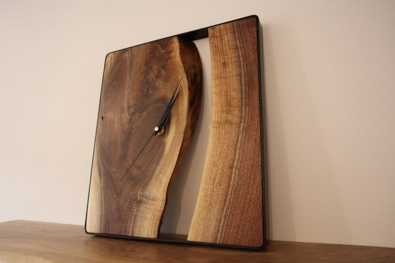 Live Edge Wood + Metal Clock Rustic Modern Minimalist Decor, Housewarming Wedding Gift