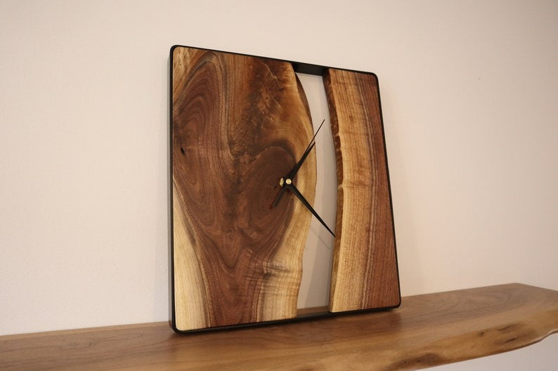 Live Edge Wood + Metal Clock Rustic Modern Minimalist Decor, Housewarming Wedding Gift