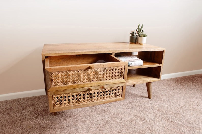 Modern TV Stand Cabinet with Shelves | Solid Wood Media Console for Living Room