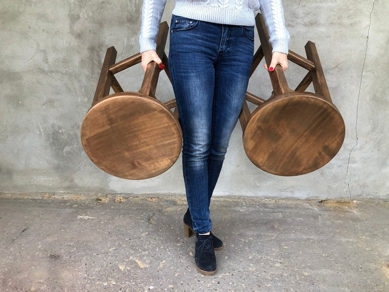 Rustic Elegance Wooden Bar Stool with Round Seat – Handcrafted Solid Wood Counter Seating