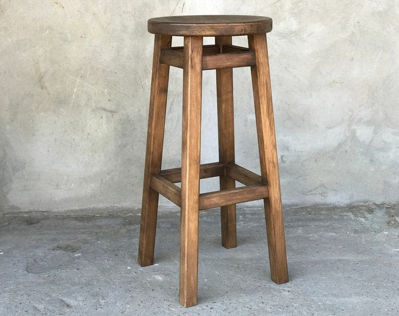Rustic Elegance Wooden Bar Stool with Round Seat – Handcrafted Solid Wood Counter Seating