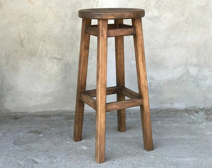 Rustic Elegance Wooden Bar Stool with Round Seat – Handcrafted Solid Wood Counter Seating