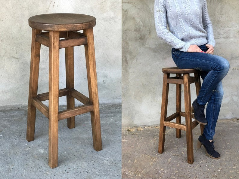 Rustic Elegance Wooden Bar Stool with Round Seat – Handcrafted Solid Wood Counter Seating