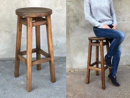 Rustic Elegance Wooden Bar Stool with Round Seat – Handcrafted Solid Wood Counter Seating