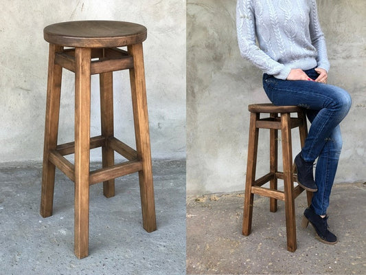 Rustic Elegance Wooden Bar Stool with Round Seat – Handcrafted Solid Wood Counter Seating