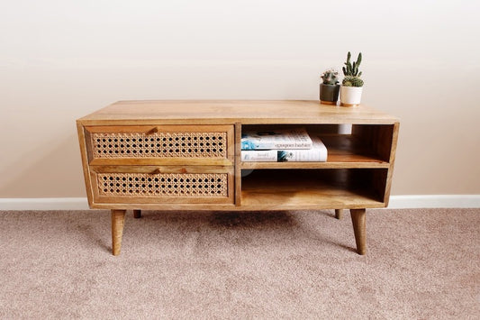 Modern TV Stand Cabinet with Shelves | Solid Wood Media Console for Living Room