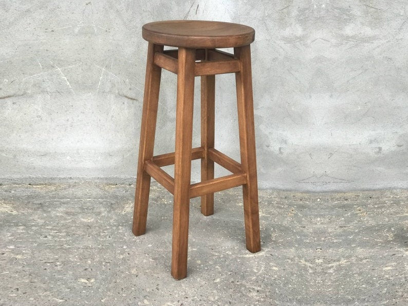 Rustic Elegance Wooden Bar Stool with Round Seat – Handcrafted Solid Wood Counter Seating