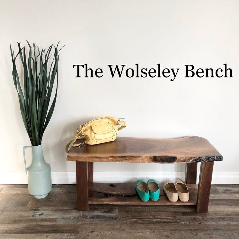 Live Edge Sheesham Wood Entryway Bench with Shoe Storage – Handmade Solid Wood Hall Bench, Rustic Modern Furniture