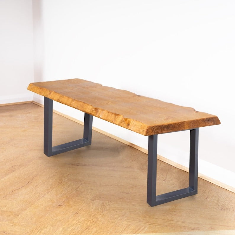 Live Edge Sheesham Wood Bench with Square Metal Legs – Industrial Reclaimed Timber Style, Handmade Solid Wood Seating