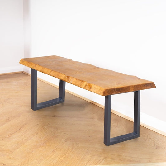 Live Edge Sheesham Wood Bench with Square Metal Legs – Industrial Reclaimed Timber Style, Handmade Solid Wood Seating
