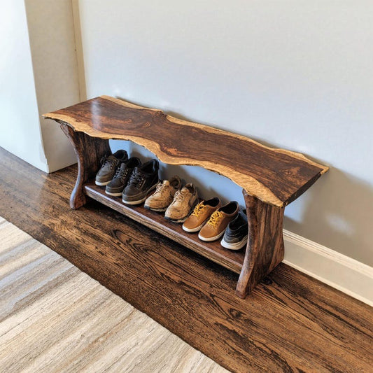 Custom Wood Bench – Handmade Solid Wood Farmhouse Shoe Rack Bench, Entryway Storage Seating