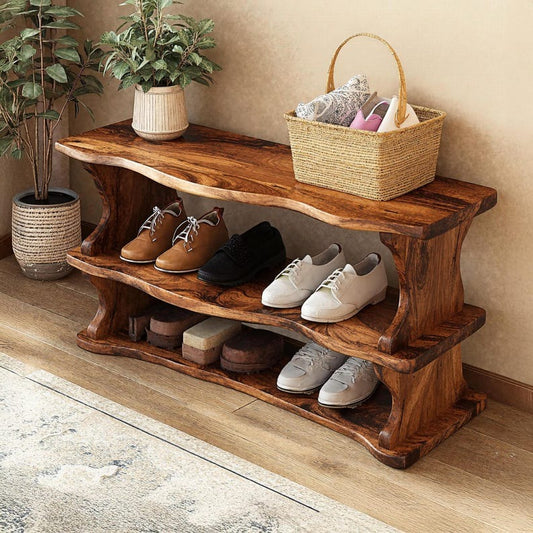 Farmhouse Solid Wood Shoe Bench – Mid-Century Entryway Shoe Rack & Storage Organizer