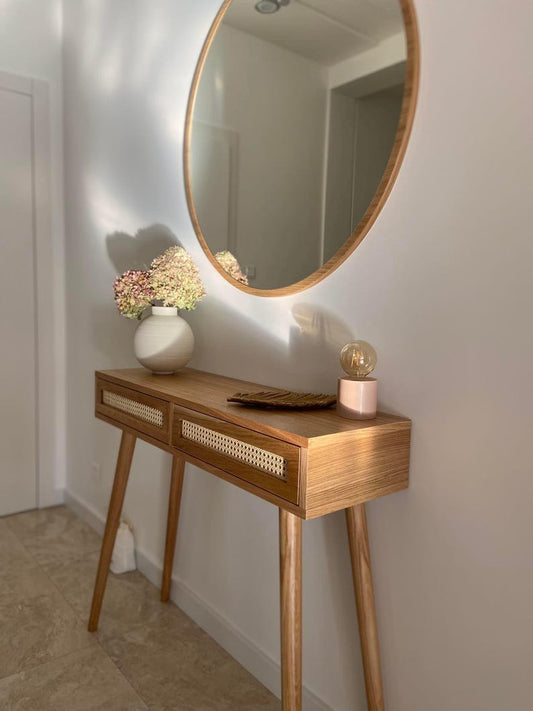 Natural Rattan Cane Console Table with Wooden Legs | Viennese Style Entryway Console